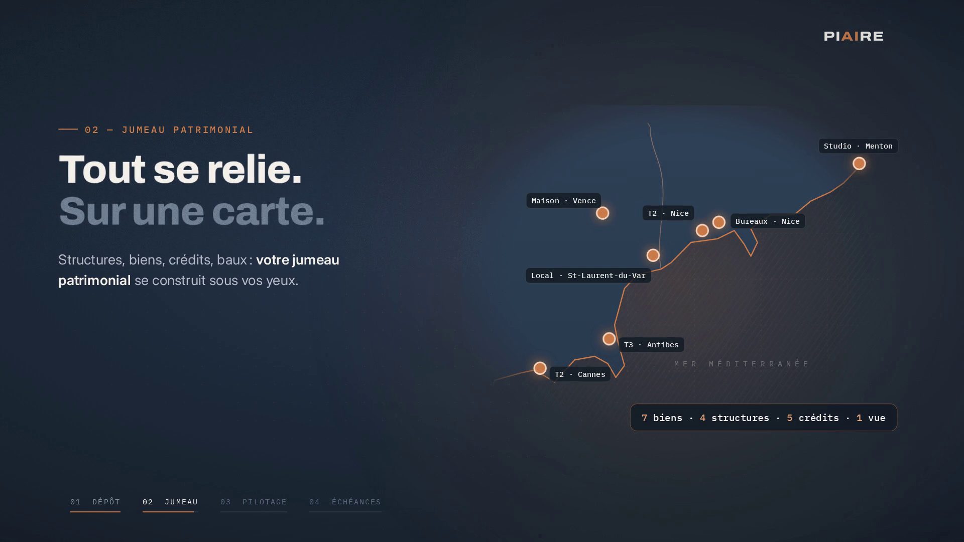 Un patrimoine fictif sur la carte de PIAIRE : sept biens de Cannes à Menton, et le compte 7 biens, 4 structures, 5 crédits, 1 vue.